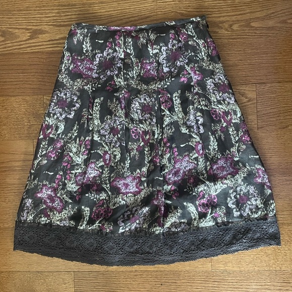 Ann Taylor Loft Y2K Earthy Floral Silk Linen Skirt Lace Hem 4 Office Career Work - Picture 1 of 8
